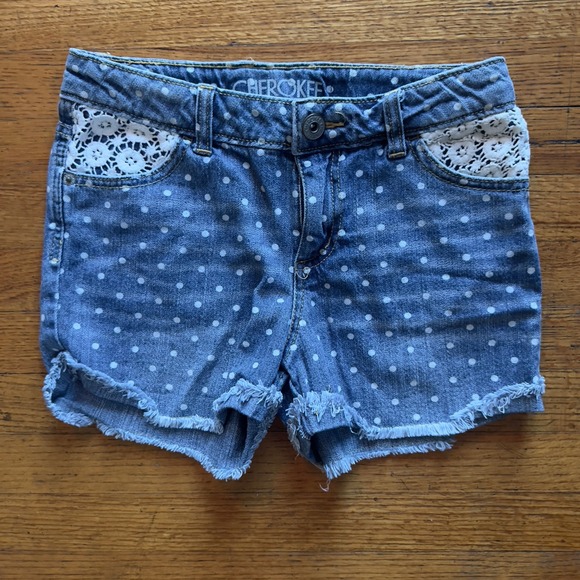 Cherokee Girls Blue Denim Polka Dot Shorts Lace Pockets Size L (10/12) - Picture 1 of 5